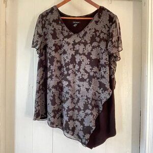 H by Halston Black Abstract Pattern Asymmetric Hem Cold Shoulder Top SZ Large